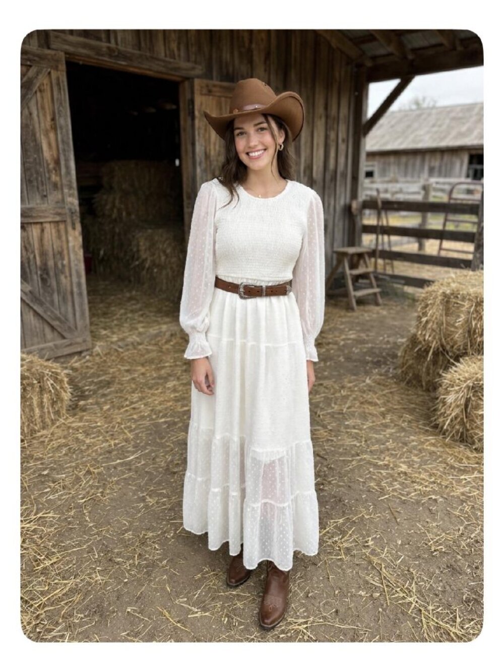Merokeety Boho Smocked White Maxi Dress Swiss Dot Long Puff Sleeves Med